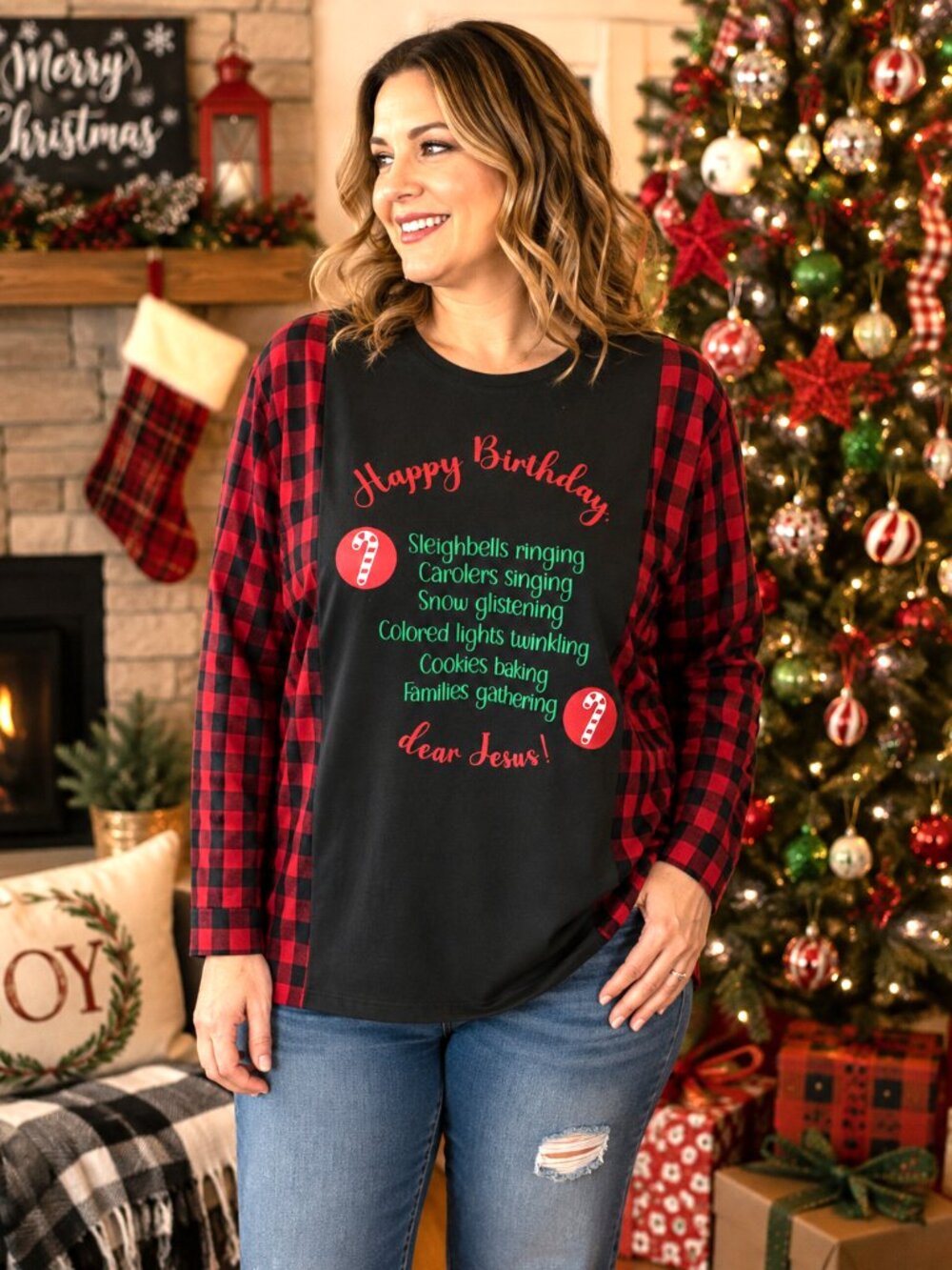 Upcycled Holiday Flannel Shirt Oversized Plaid Christmas Graphics Size L XL 2XL